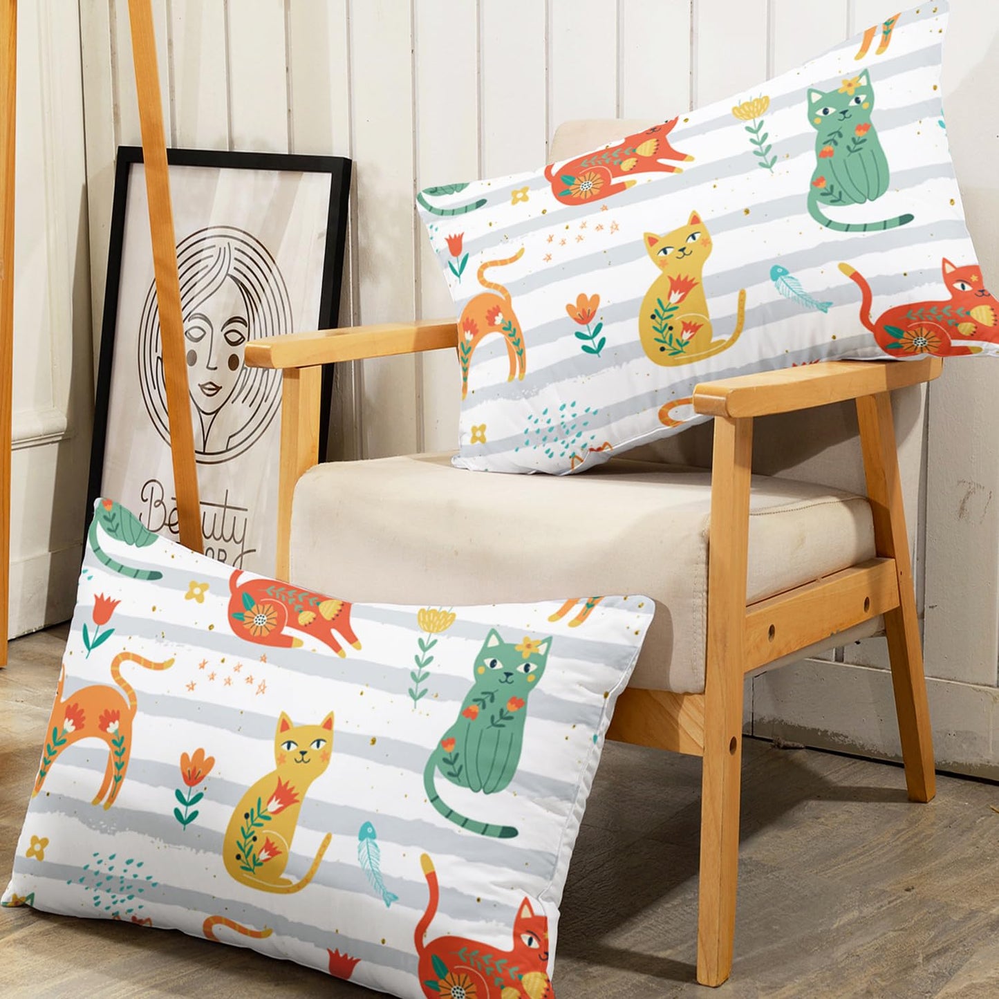 AILONEN Cat Bed Sheet Twin XL Size, Green Orange Flowers Cat Sheets 3 Pieces Set Grey White Printing Bedding Set for Kids Girls Bedroom Decor Breathable Fitted Sheet and 2 Pillowcases