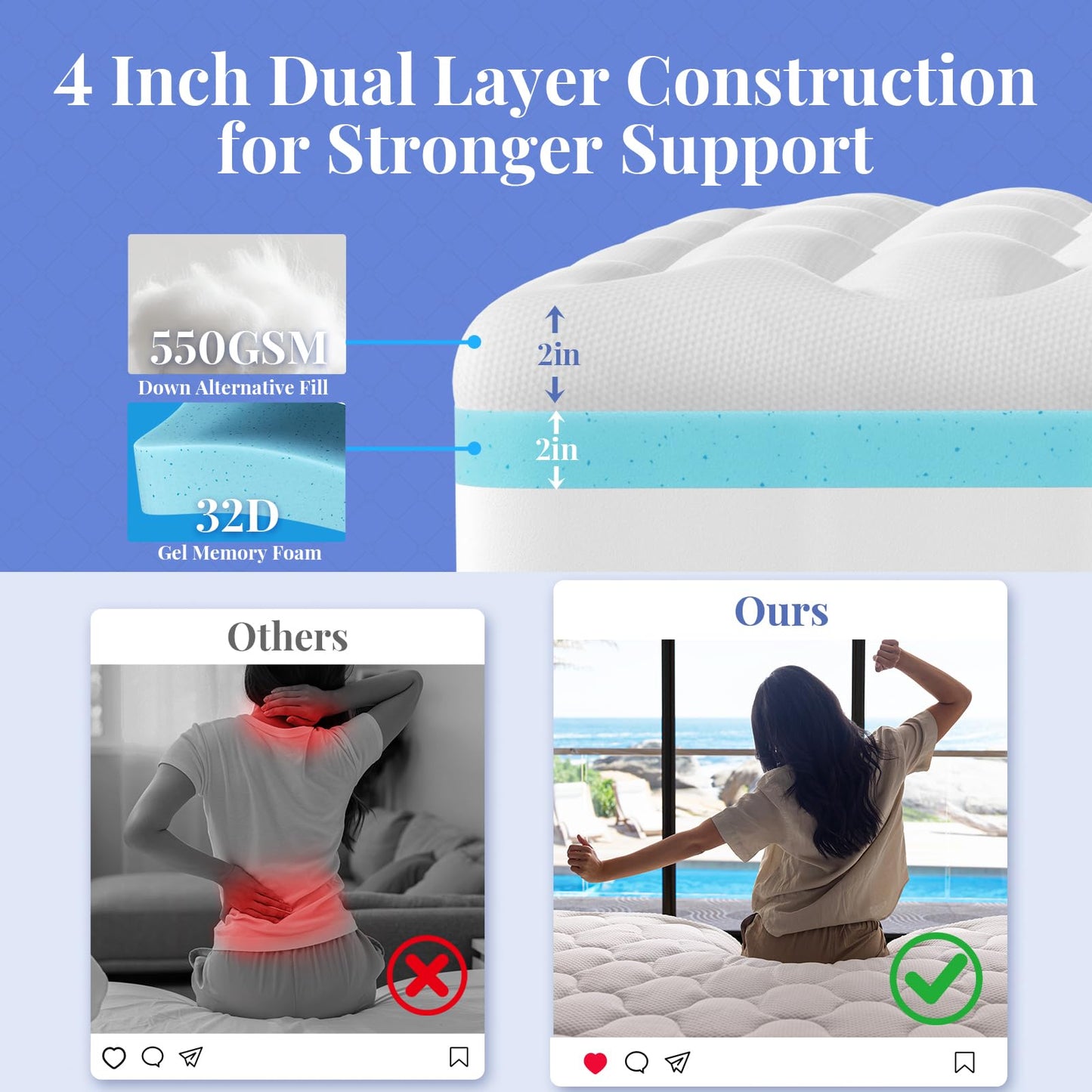 OhGeni Cooling 4 Inch Twin XL Dual Layer Mattress Topper, 2 Inch Gel Memory Foam,2 Inch Soft Pillow Top Pad, College Dorm Essentials Bedroom Mattresses Cover, Comfortable Sleep and Back Pain Relief