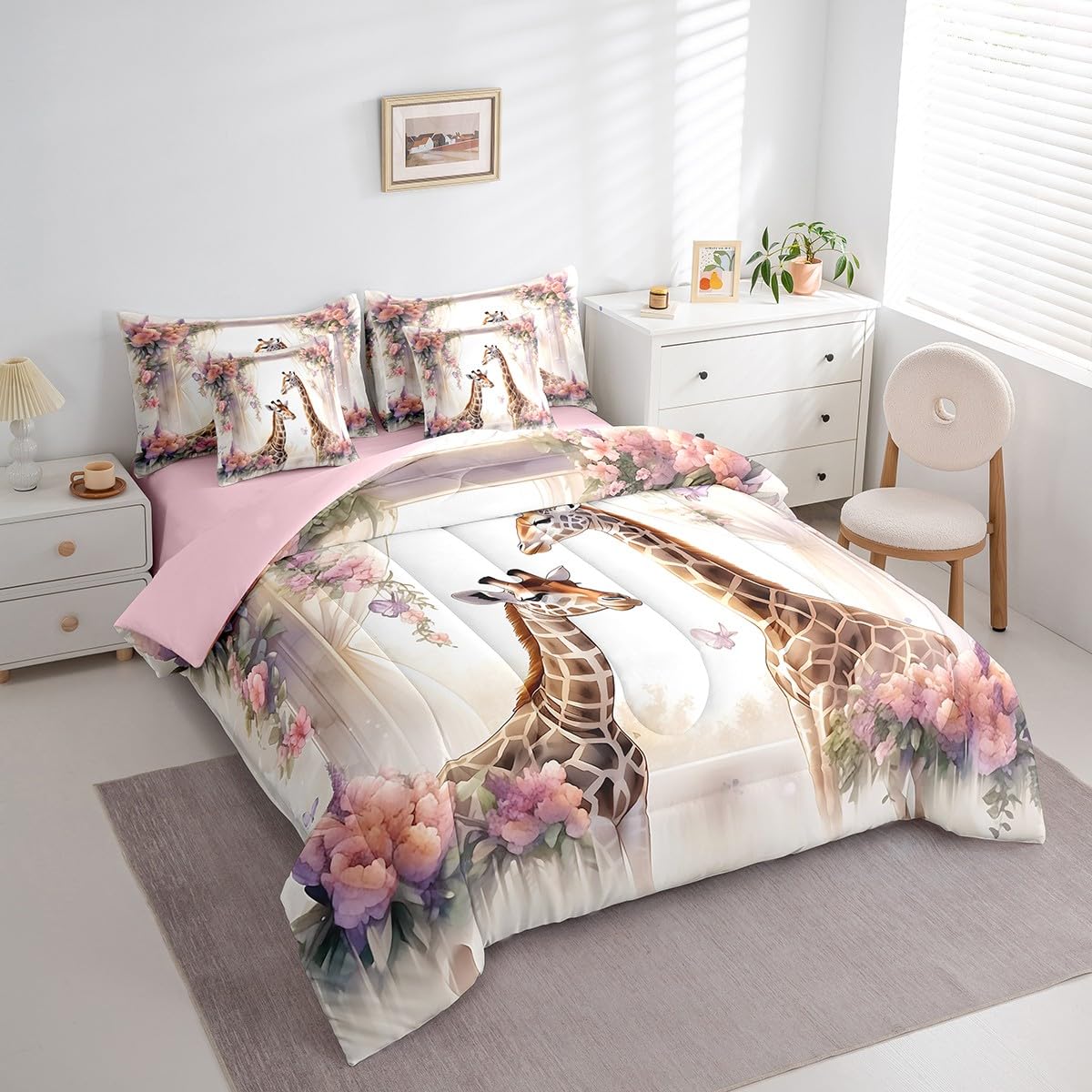 Giraffe 7Pcs Comforter Set Full Size,Pink Rose Flower Bedding Set for Kids Girls Boys Teens Room Decor,Wild Animal Bed in a Bag Romantic Couple Fitted Sheet Flat Sheet,2 Throw Pillow 2 Pillowcases