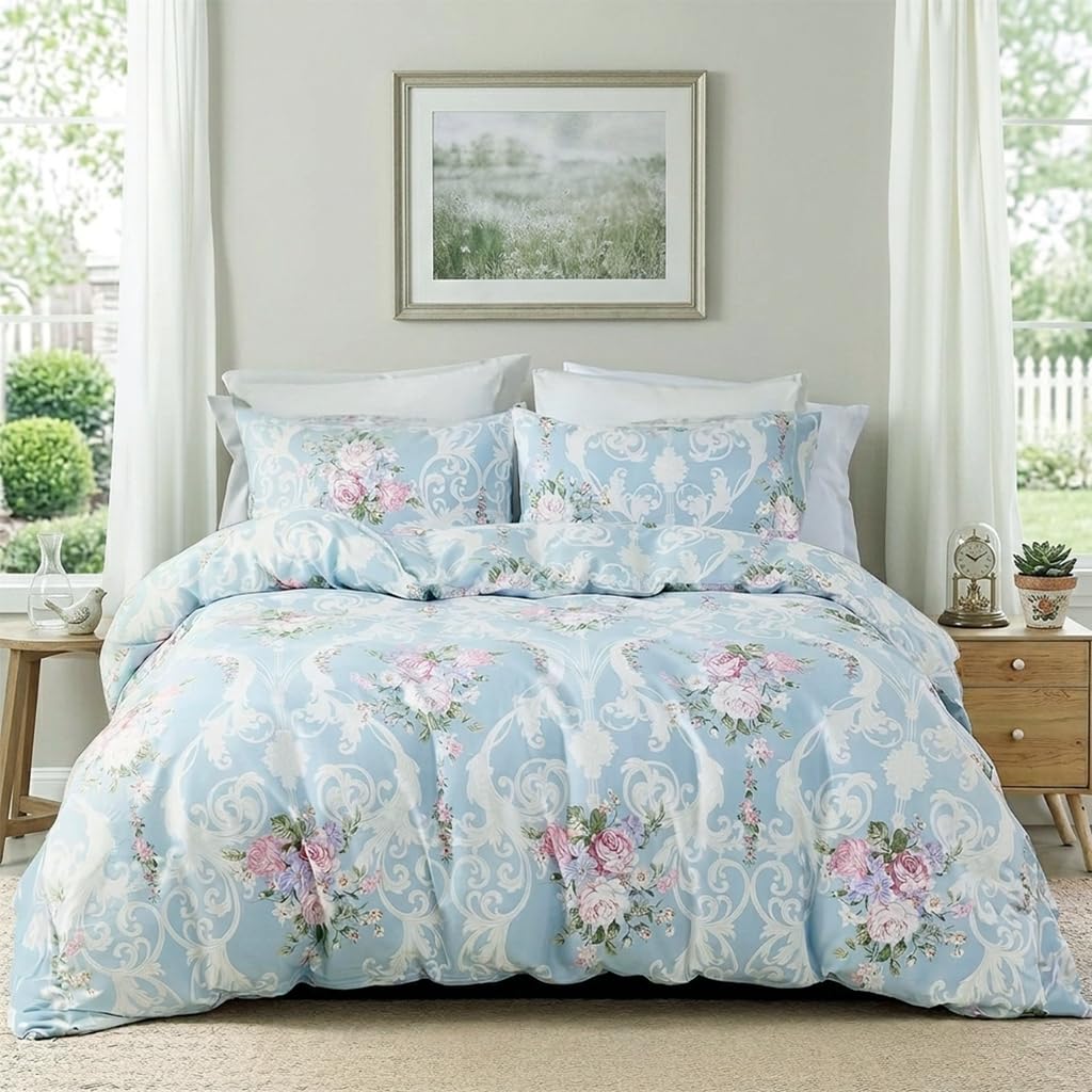 Cozaline Floral Duvet Cover Set King Size 100% Nature Cotton Blue Comforter Cover with Pink Floral, 3 Pieces Breathable & Soft Aesthetic Bedding Set with Zipper Closure