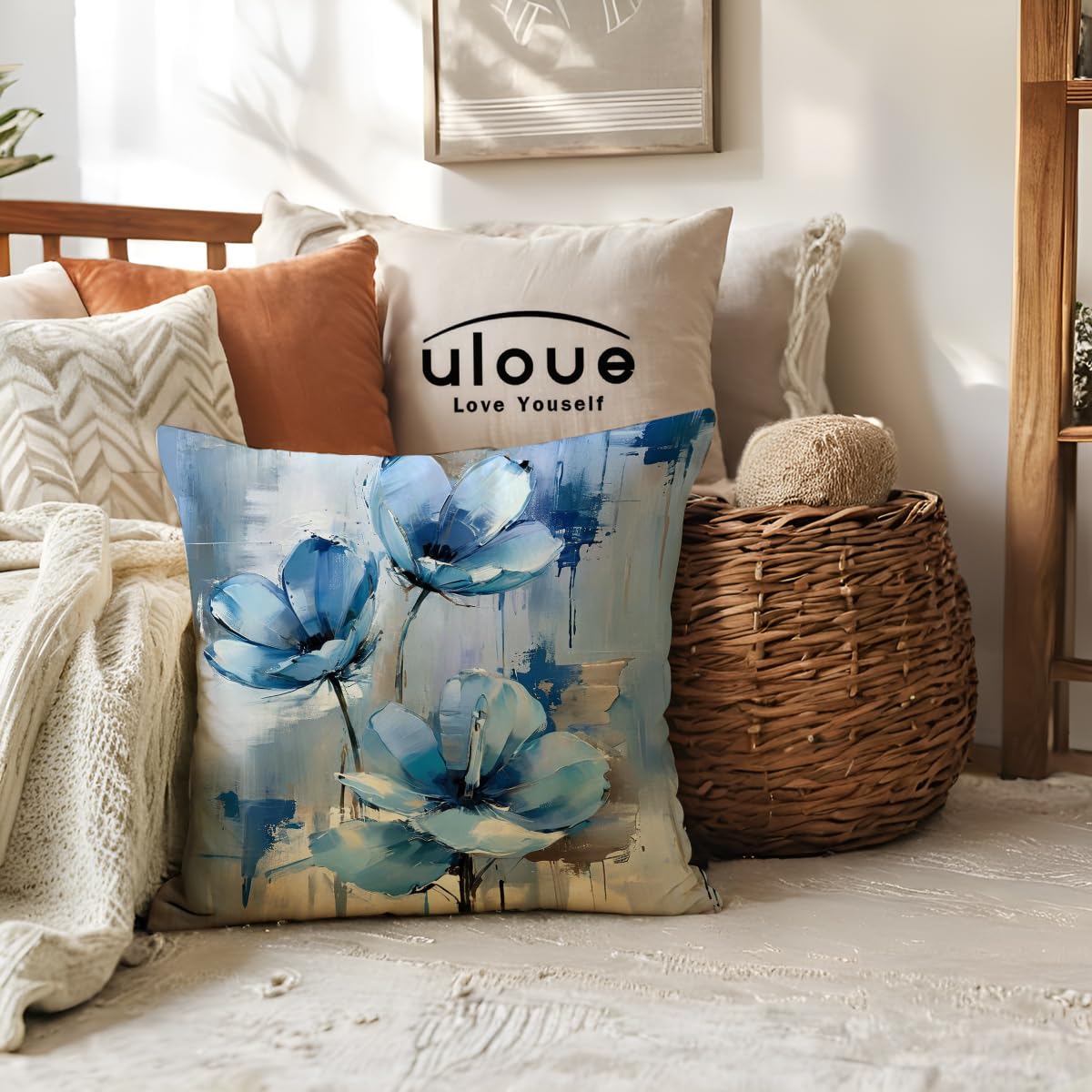 ULOVE LOVE YOURSELF 2Pack Flowers Decorative Pillow Covers Modern Blue Poppy Design Cushion Covers Oil Painting Pretty Floral Pillowcases 18 x 18 Inch Farmhouse Spring Summer Decorations (Blue)