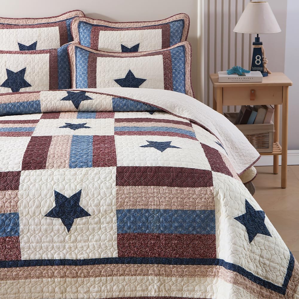 VISIMISI Cotton Bedding Quilt Sets 3 Pieces Reversible Coverlet Sets All Season Boys Real Patchwork Bedspread, MediterraneanStar Pattern,King Size