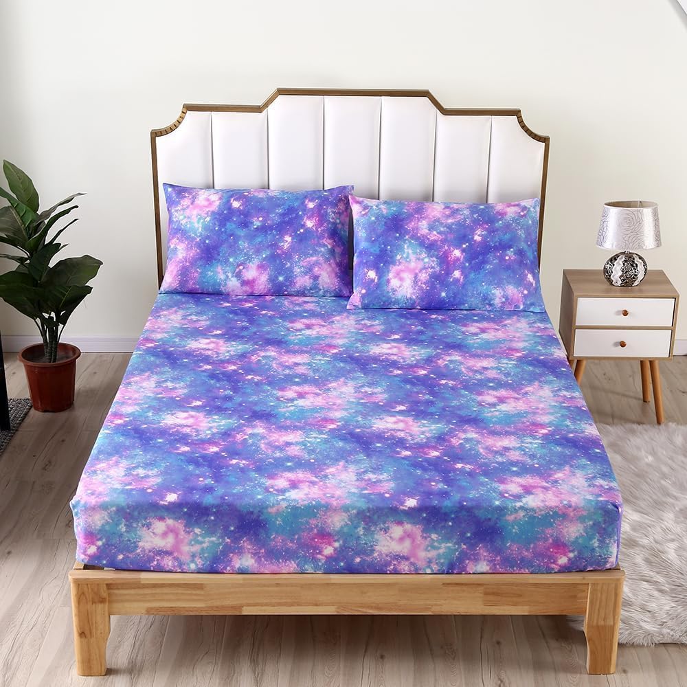 SDIII Colorful Galaxy Full Fitted Sheet with 2 Pillowcases, Deep Pocket Soft Microfiber Space Bed Sheet Full for Girls Boys Kids and Teens