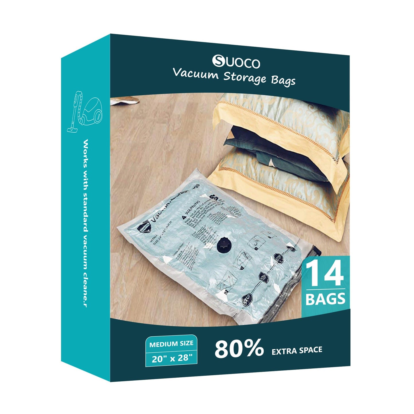 Vacuum Storage Bags, Compression Packing Space Saver Seal Bags for Clothing Bedding Comforters Blankets Pillows, 14 Medium