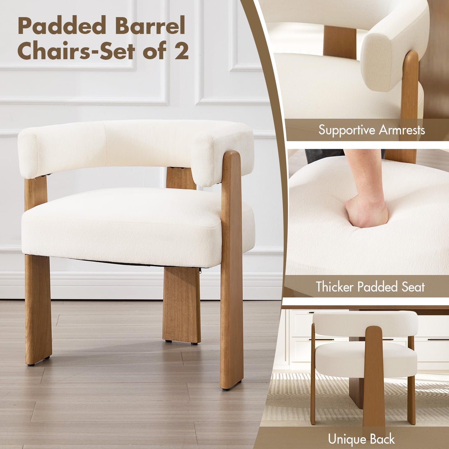Hyfirm Set of 2 Modern Boho Barrel Dining Chairs with Wood Legs, White Upholstered Accent Armchairs with Thick Padded Cushion for Kitchen, Minimalist Natural Chic Chairs for Living Room