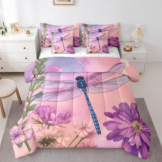 Erosebridal Dragonfly Full Size Bed Sheets and Comforter Set,Flowers 7 Piece Bedding Set Purple Tie Dye Dragonflies Bed in a Bag,Garden Rustic Aesthetic Animal Farmhouse Decor Bed Sets