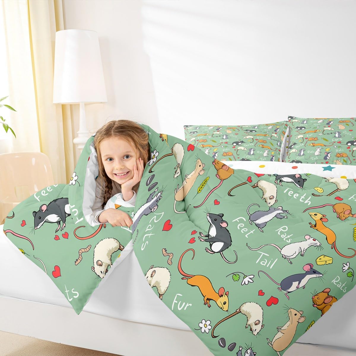 Erosebridal Kids Rat Comforter Set, Mouse Rodents Bedding Set Twin Size, Funny Animal Love Heart Duvet Sets for Boys Girls Children Bedroom, Cartoon Style Duvet Insert Decorative Room, Green