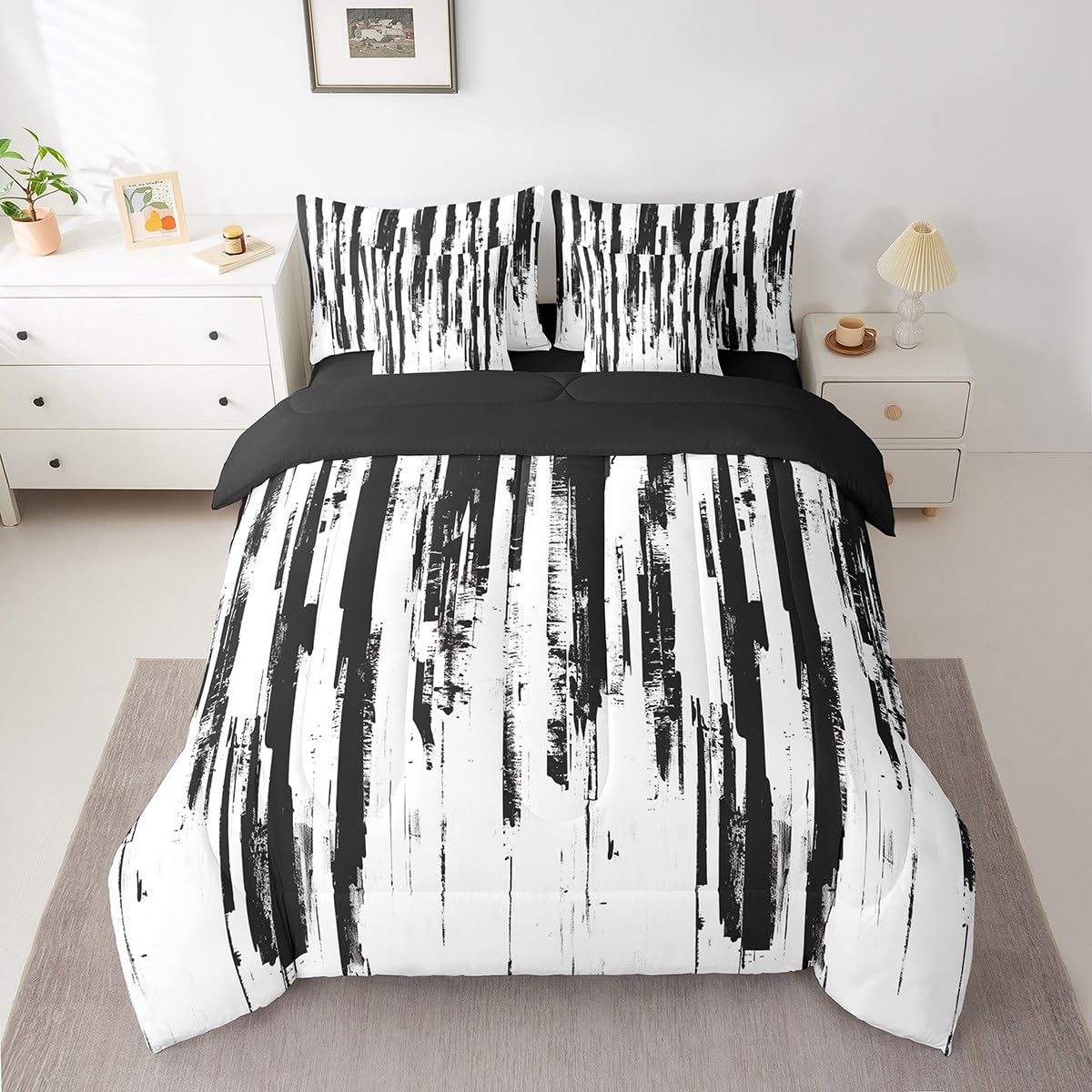 Erosebridal 7Pcs Black and White Boho King Comforter Set,Geometric Striped Abstract Bed in A Bag for Women Men Teens,Modern Art Aesthetic Bedding,White and Black Ink Quilt Set with Pillowcases
