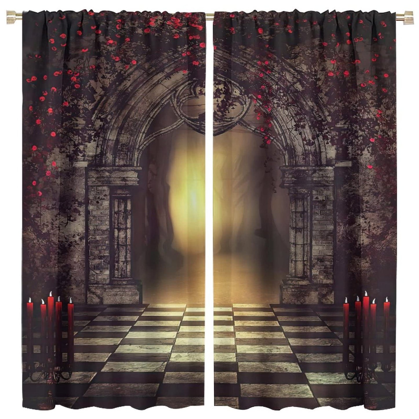 Gothic Blackout Curtains,Red Roses Medieval Castle Old Arch and Candles Thermal Insulated Drapes for Bedroom Living Room Window Curtains W42xL45in