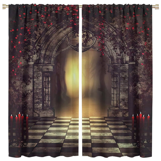 Gothic Blackout Curtains,Red Roses Medieval Castle Old Arch and Candles Thermal Insulated Drapes for Bedroom Living Room Window Curtains W42xL45in
