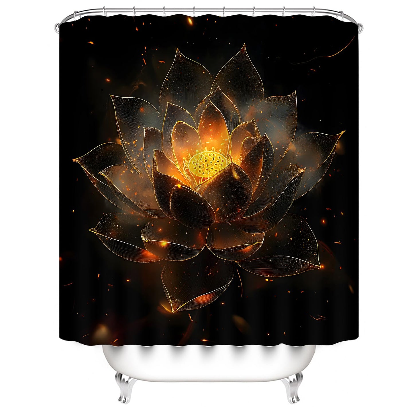 AZHM Luxury Golden Lotus Shower Curtain Set 4 PCS Black Gold Floral Bathroom Decor Set with Non-Slip Bath Rugs, Toilet Lid Cover and U-Shaped Mat