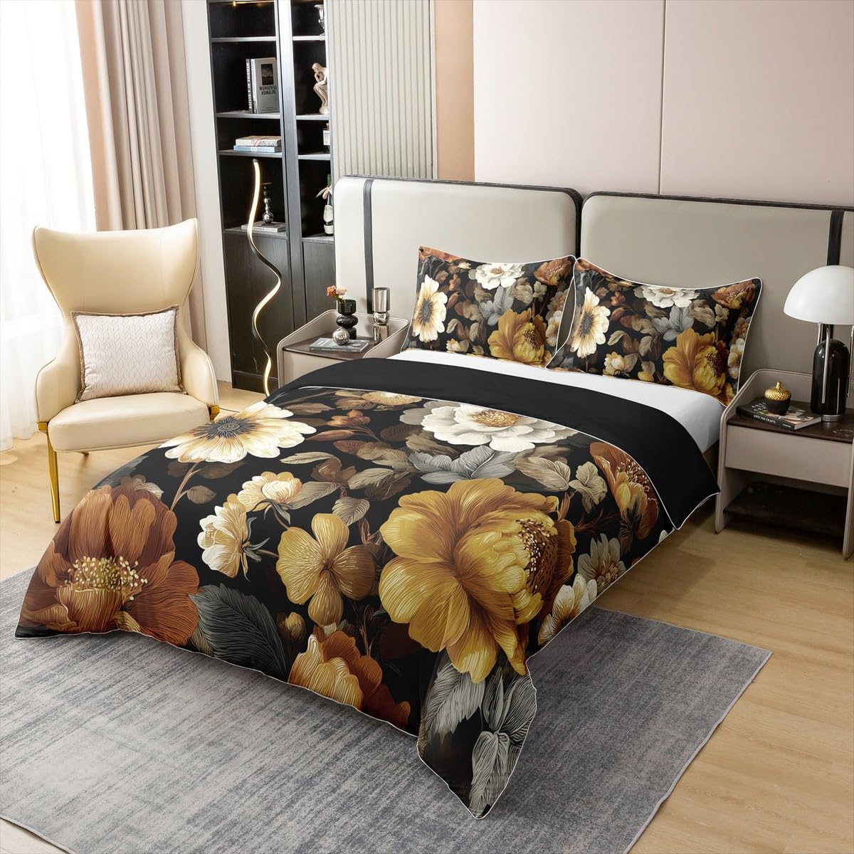 Erosebridal Mid Century Full 100% Cotton Duvet Cover, Abstract Boho Floral Bedding Set for Women Men Adults Kids, Colourful Tropical Leaves Comforter Cover, Chic Modern Flower Black Bedclothes