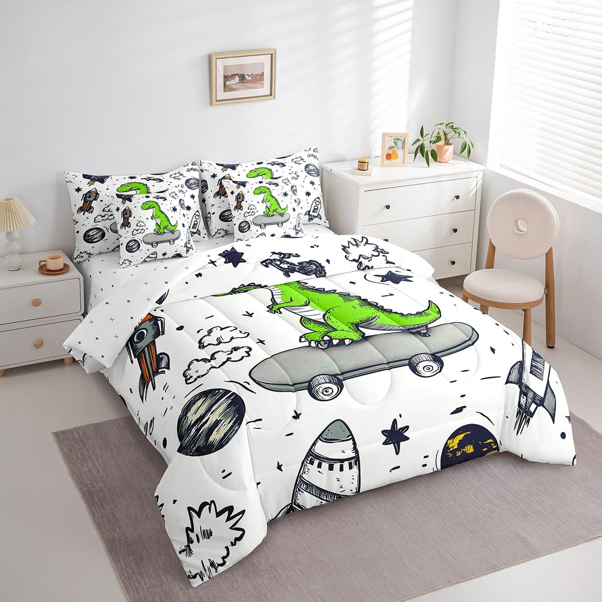 Erosebridal Green Dinosaur Comforter Set 7 Piece Bed in a Bag Twin,Cartoon Dino Kawaii Bedding Sets Cute Wild Animals Sheet Set with Comforter,Galaxy Stars Rocket Bed Set