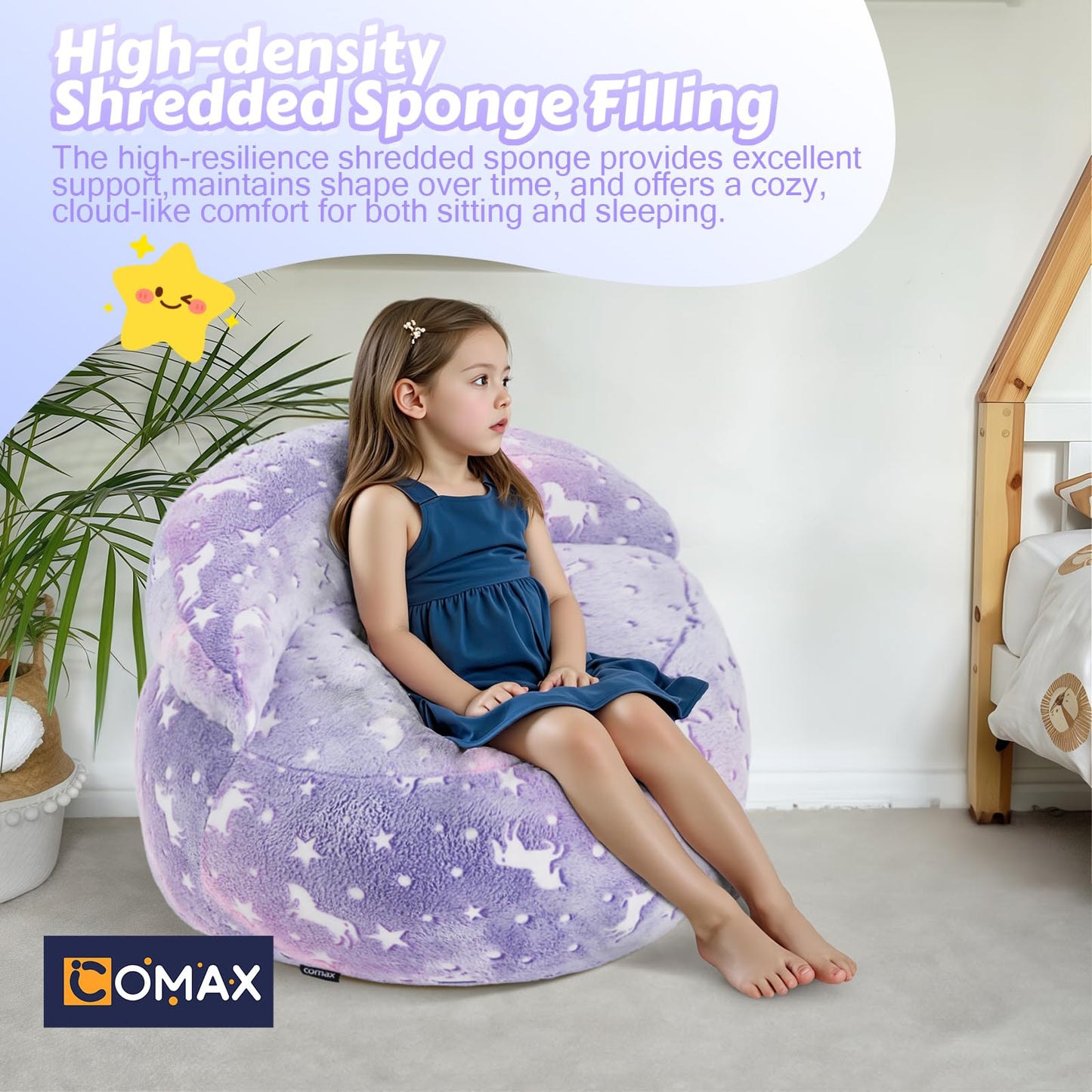 COMAX Bean Bag Chair for Kids, Dinosaur Convertible Toddler Beanbag Bed, Children Bean Chair Stuffed to Floor Mattress with Filler, Purple Unicorn