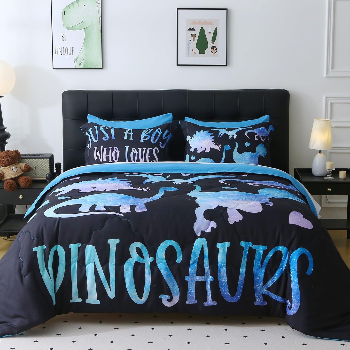 Jameswish 7 Piece Boys Dinosaur Comforter Set Full Size Blue Dinonsaur Soft Microfiber Bed in A Bag with Comforter,Sheet Set,Pillowcase and Sham for Child Teens All Season