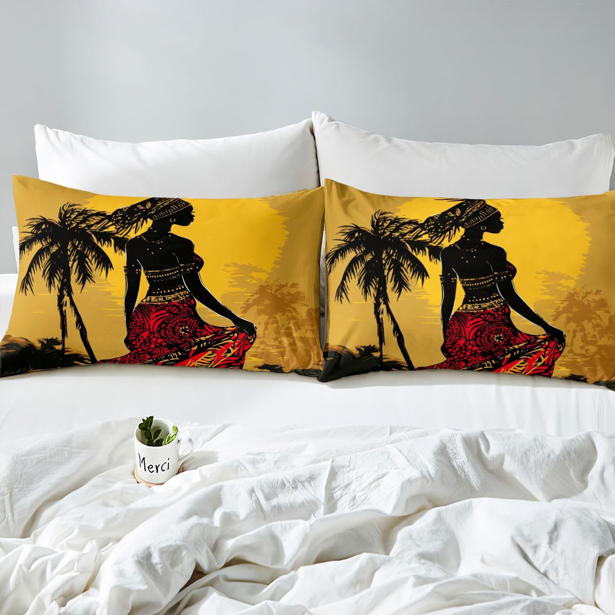 Feelyou African Woman Themed Bedding Set African Pattern Duvet Cover for Girls Women Adults Palm Tree Print Comforter Cover Ethnic Afro Style Bedspread Cover Bedroom Decor Quilt Cover 2Pcs Twin Size