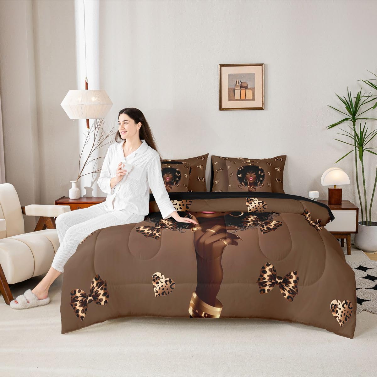Erosebridal Cute Black Girls Queen Bedding Set Coquette Leopard Bowknot Comforter Set with Flat and Fitted Sheet Girly Cheetah Heart 7-Piece Bed in a Bag Aesthetic Bowtie Quilt Sets