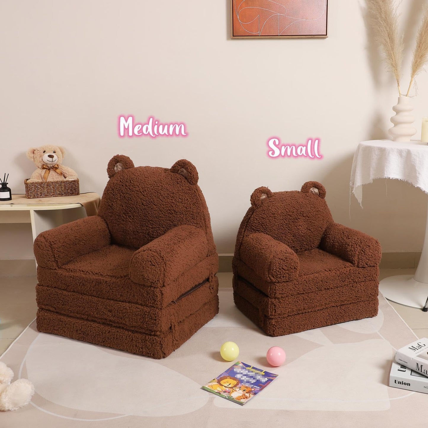MOMCAYWEX Kids Sofa, Sherpa Couch with Tri-Layer Foam Cushions, Soft Comfy Seating for Kids Age 3–6 Years, Brown