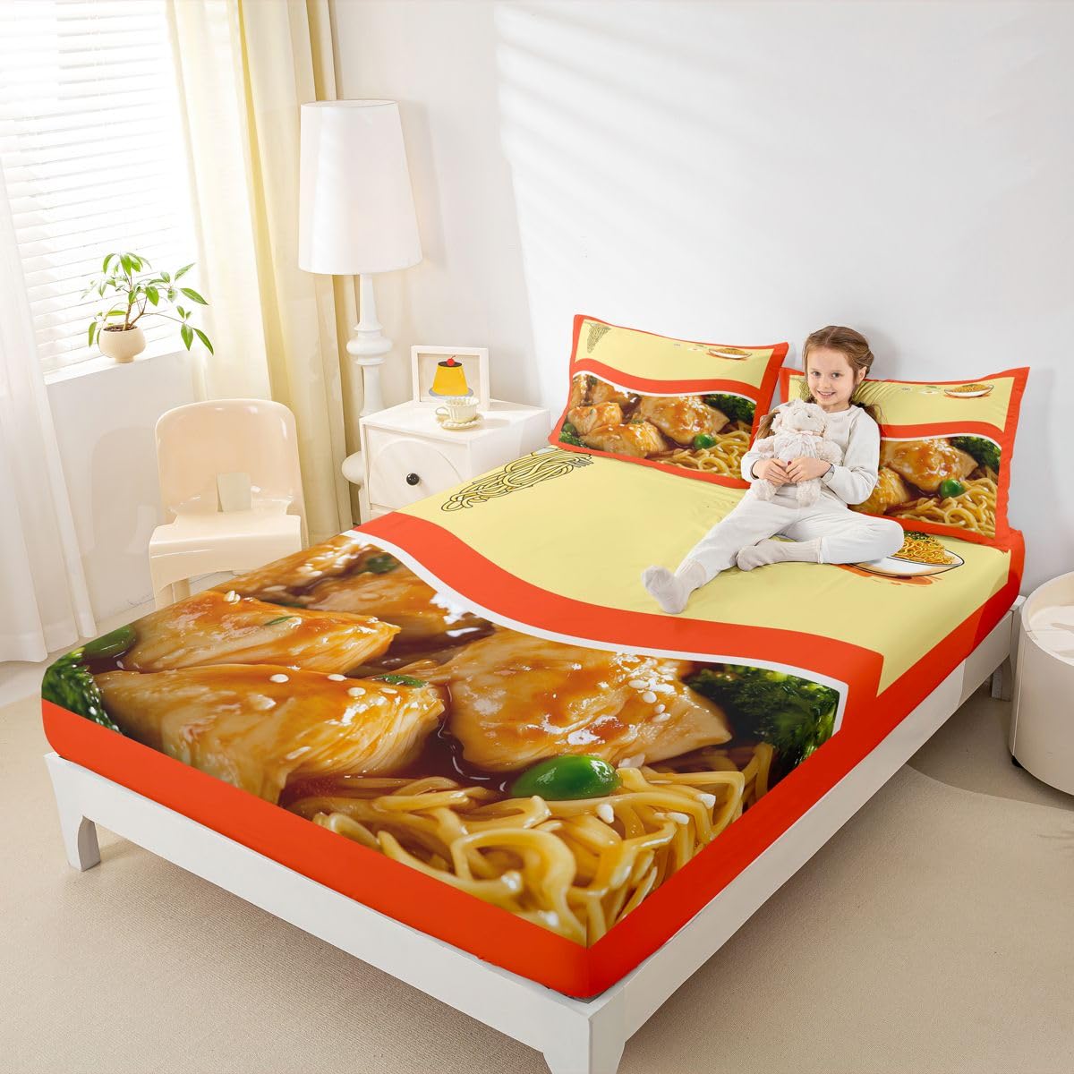 Feelyou Japanese Ramen Bed Sheets Set Twin Size Pulled Noodles Sheet Set for Kids Boys Girls Decor Pork Noodles Sheets with Deep Pocket Fitted Sheet Microfiber Cute Bedroom
