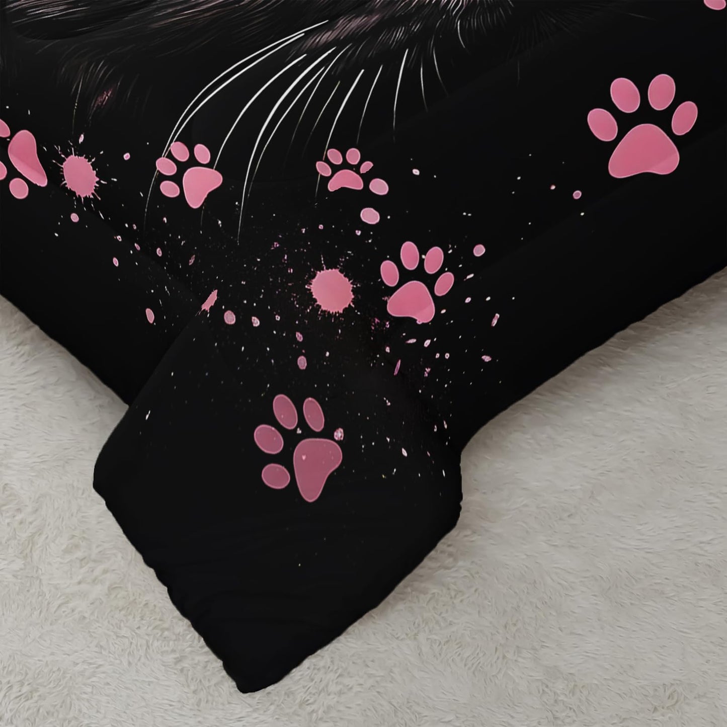 AILONEN Floral Cat Portrait Queen Comforter Set, Black Kitty Face with Blush Paw Prints, 3 Piece 1 Comforter + 2 Pillowcases, Cute Room Theme