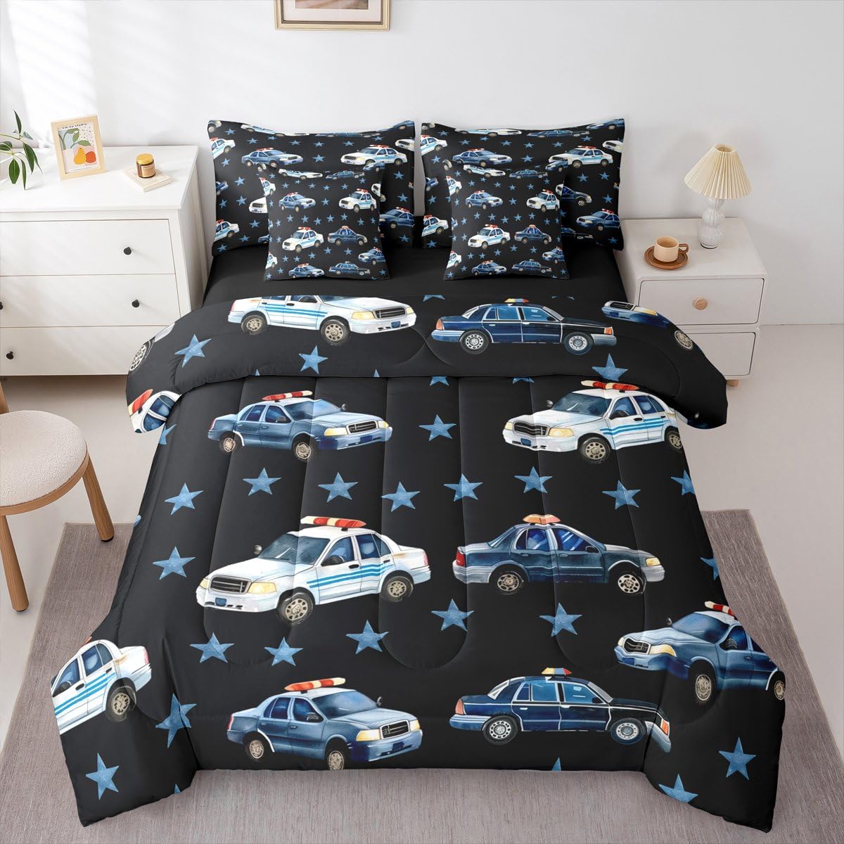 Erosebridal Police Car 7 Pieces Bedding Set Twin for Boys, Cartoon Car Comforter Set with Sheets for Kids Teens Youth Men Bedroom, Policeman Vehicle Bed in A Bag, Star Black Bed Sets, Microfiber