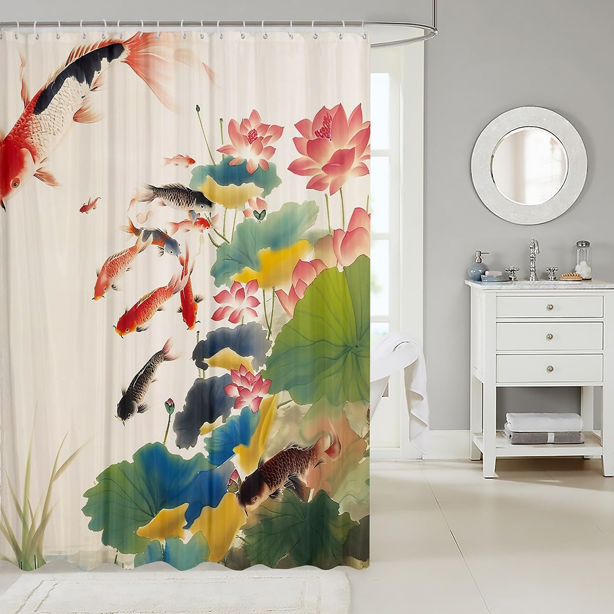 Feelyou Kids Chinese Ink Painting Shower Curtain 72"x72" Carps Koi Fishes Japanese Bath Curtain for Boys Girls Good Luck Fish Nature Bathroom Shower Curtain Set Kids Bathroom Accessories