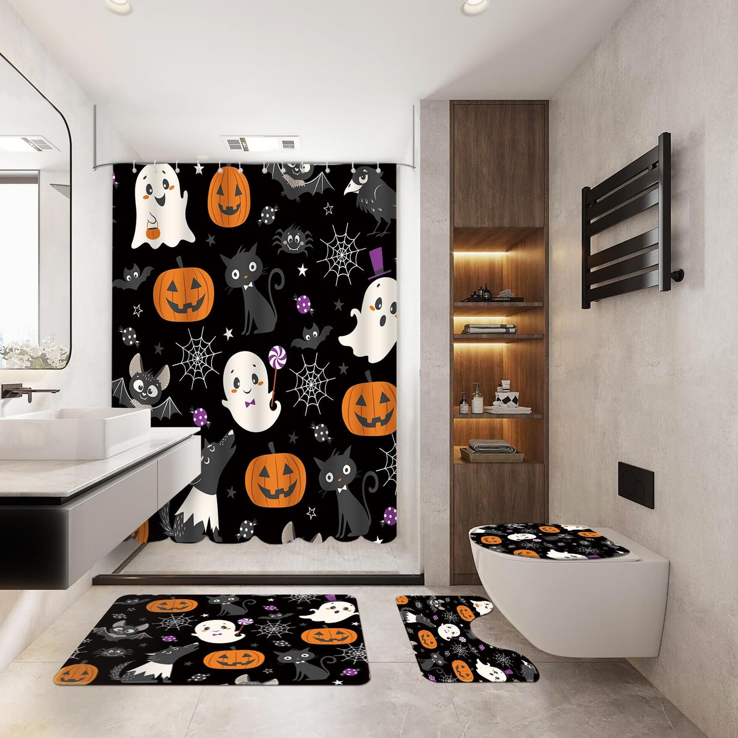 MEHOFOND 4pcs Halloween Boo Shower Curtain Set,Halloween Spooky Shower Curtain Sets,All Hallows' Eve Skull Bat Spider Bathroom Decor for Kids with Non-Slip Rugs Toilet Lid Cover and Bath Mat 72x72 in