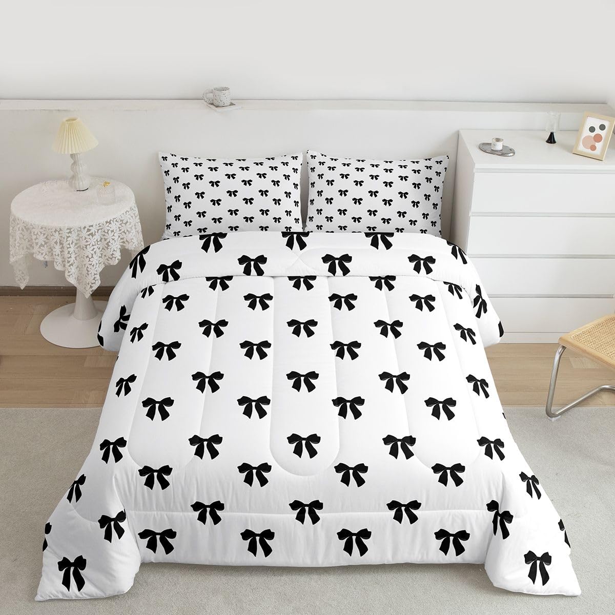 Erosebridal Black Bow Comforter Set Queen Size Coquette Bows Bedding Set for Kids Teen Girls Women Bedroom Cute Preppy Bowknot Comforter Modern Trendy Girly Aesthetic Quilt Duvet