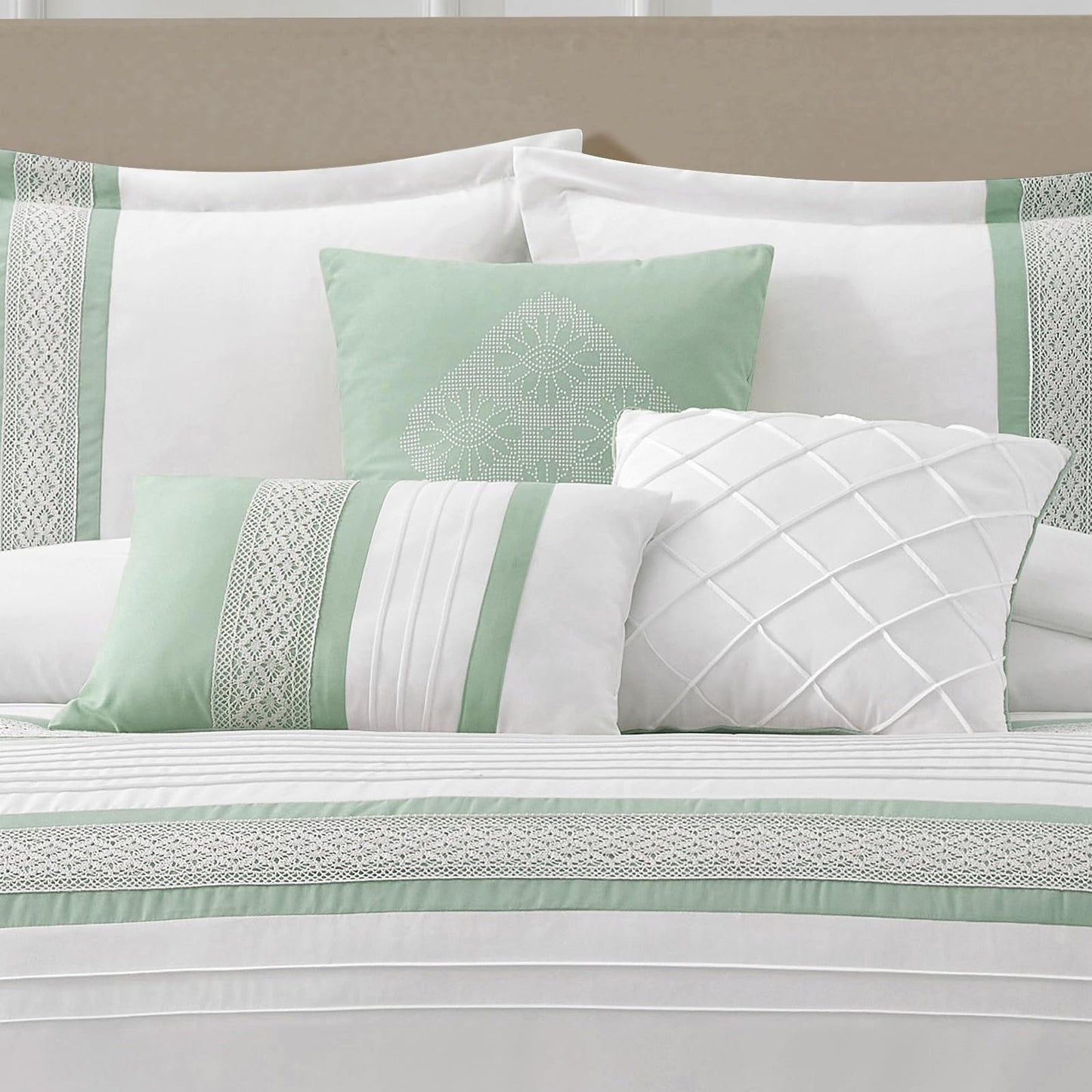 LANCO MODERN LIFESTYLE 7 Piece Comforter Set, Sage White, Queen Size, Boho Style Geometric Microfiber Embroidery, Bed in a Bag with Bedskirt, Pillow Shams and Decor Pillows