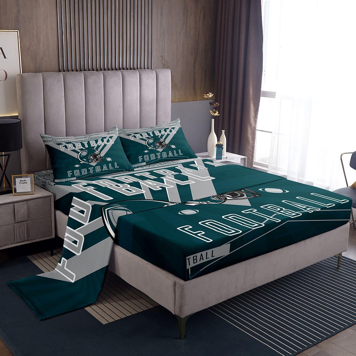 Feelyou Football Bed Sheets Set Boys Girls Twin Size Fitted Sheet Rugby Sports Football City Bedding Set for Boys Kids Teen