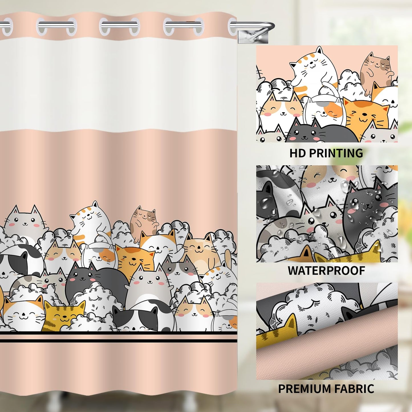 Mowxune Cat Shower Curtain for Kids, Cartoon Animal Shower Curtain with Snap in Liner Set Double-Layer Hookless Shower Curtain for Bathroom Orange Pink 71x74inch