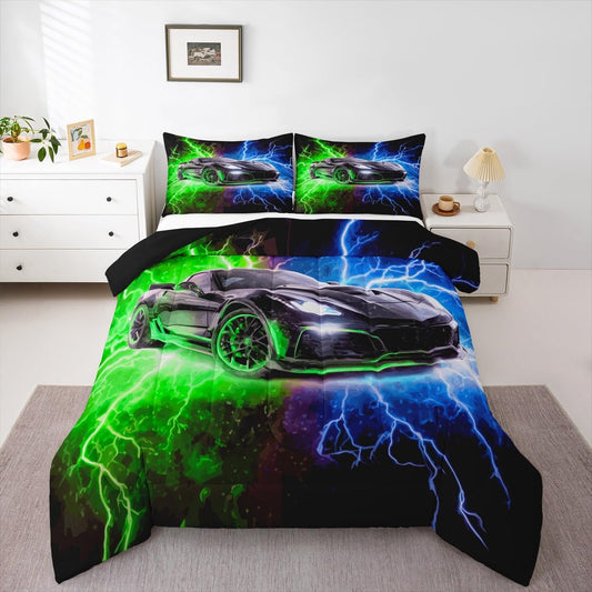 jejeloiu Race Car Kids Comforter Set Twin Size Automobile Bedding Set Blue Green Duvet Quilt for Kids Boys Girls Bedroom Speed Sports Car Decor Microfiber Ultra Soft Breathable