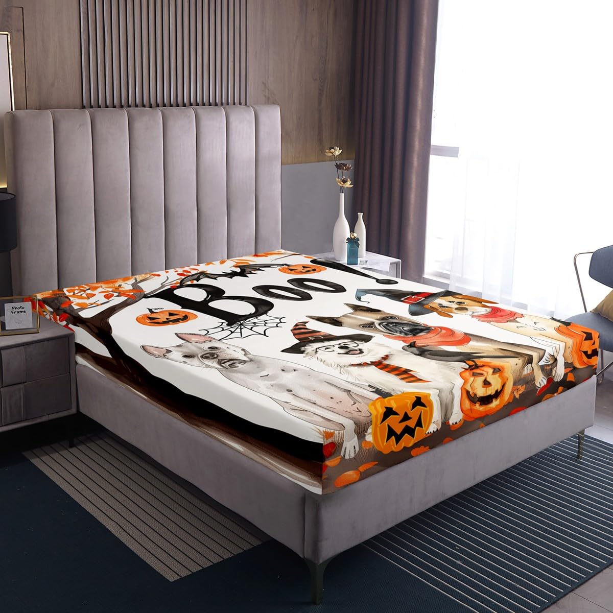 Feelyou Halloween Fitted Sheet Full Size for Kids Boys Girls Pumpkin Bed Sheets Set 16" Deep Pocket Soft Breathable Microfiber Maple Fall Leaves Bedding with 2 Pillowcases Spider Web Room Decor
