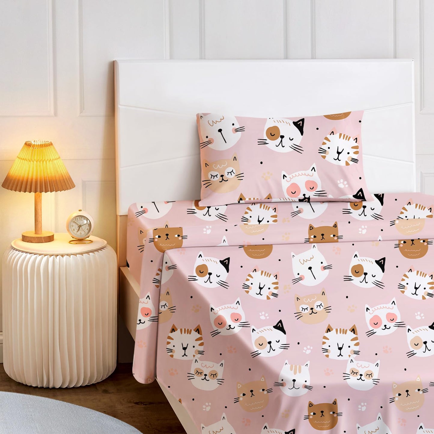 BYSURE Twin Sheets Set Kids(Cat Kitties, Pink), 3 Pieces Easy Fit Deep Pocket Sheets Set, Breathable Wrinkle-Free Microfiber Bedding for Children