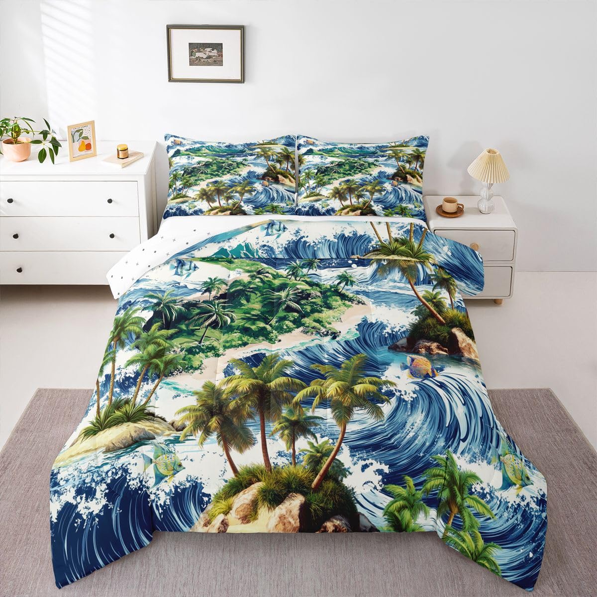 Coconut Tree Comforter Set Queen Size,Tropical Plant Seawave Bed in a Bag 3Pcs for Kids Teens Woman Room Decor,Hawaii Ocean Beach Theme Quilted Duvet,Blue and Green Down Comforter,2 Pillowcases
