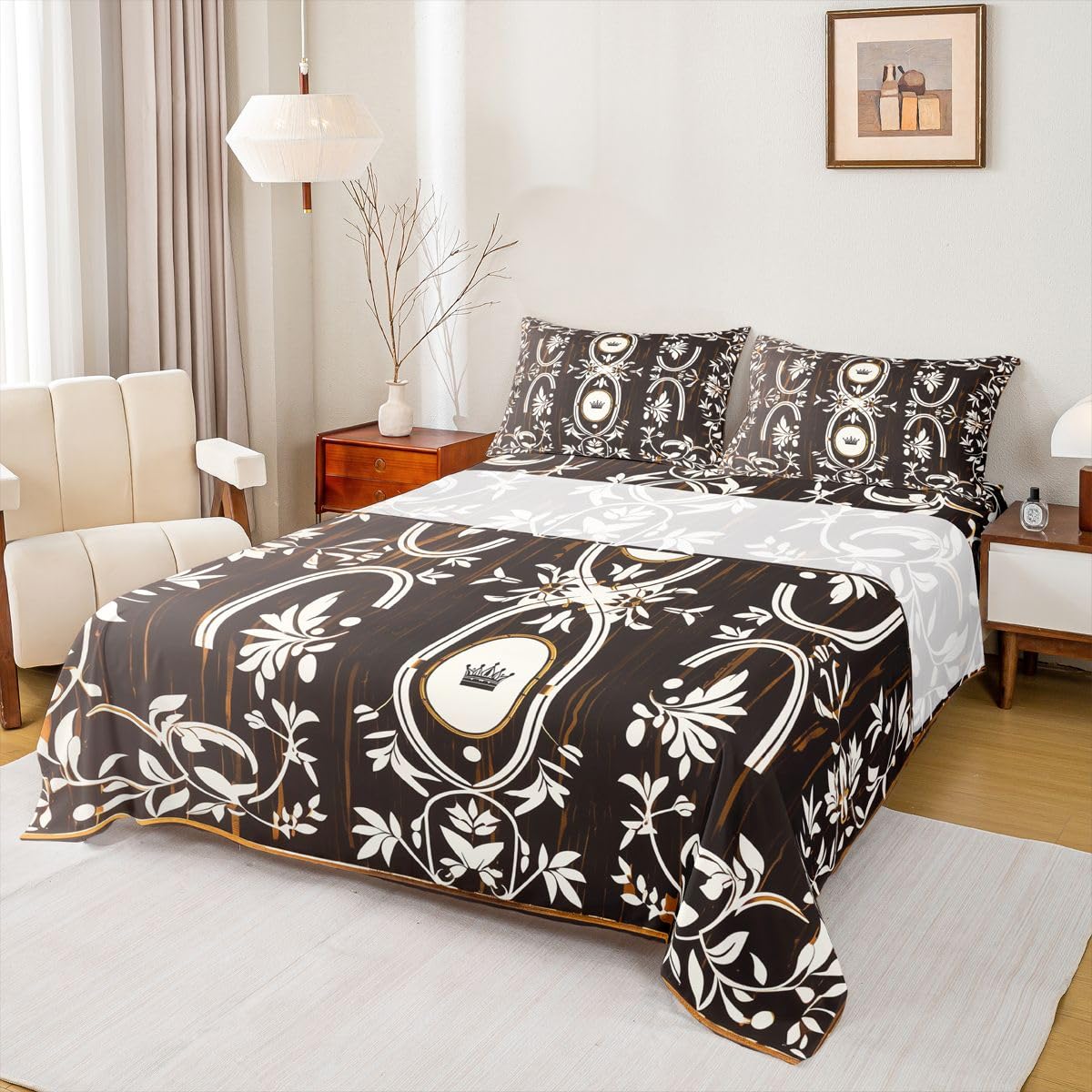 Erosebridal Black Gold Crown Bed Sheets Set Full Vintage Boho Floral Sheet Set Bohemian Exotic Goth Sheets Farmhouse Wooden Flat Fitted Sheet