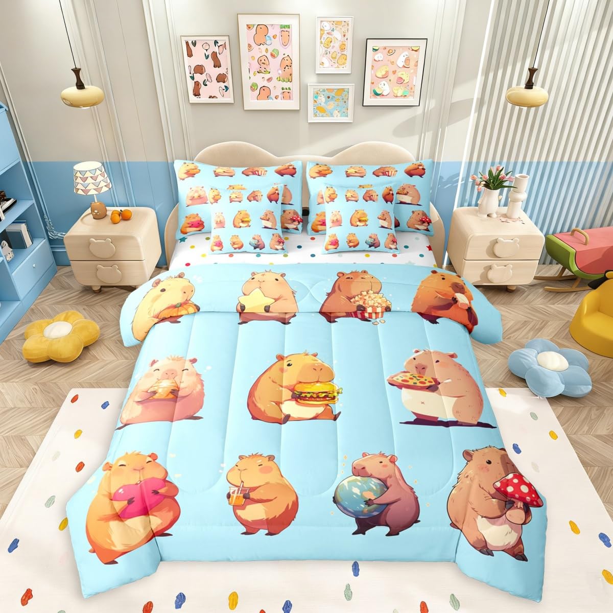 Erosebridal Funny Capybaras 7 Pieces Bedding Set Twin,Capybara Lover Bed in a Bag,Cartoon Rodents Bed Set Includes Comforter,Sheet Set,Pillowcases & Pillow Covers,Blue Khaki Capybara Bedroom Decor