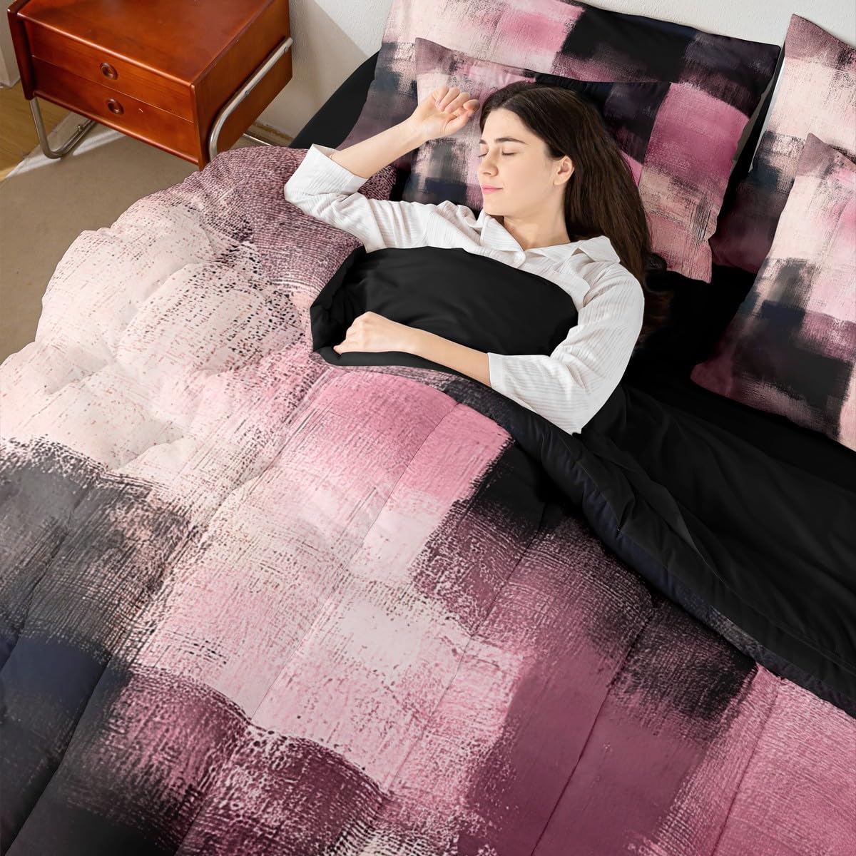 Feelyou Abstract Comforter Set with Sheets 7 Piece King Size Modern Abstract Art Bedding Set for Kids Boys Girls Luxury Bed in a Bag Geometric Room Decor Pink Soft Lightweight Microfiber