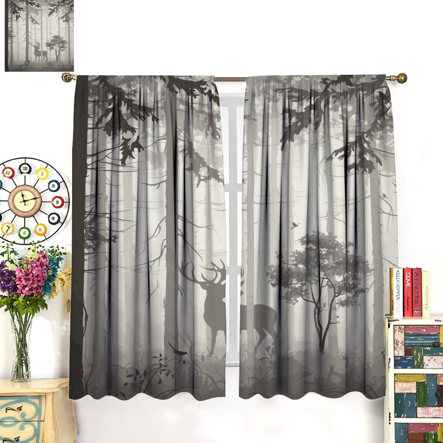 Deer Blackout Curtain,Grey Misty Forest Rustic Wildlife Moose Mountain Elk Pine Forest Silhouette Window Curtains for Living Room Office Decor Window Drapes,2 Panels W42 xL45