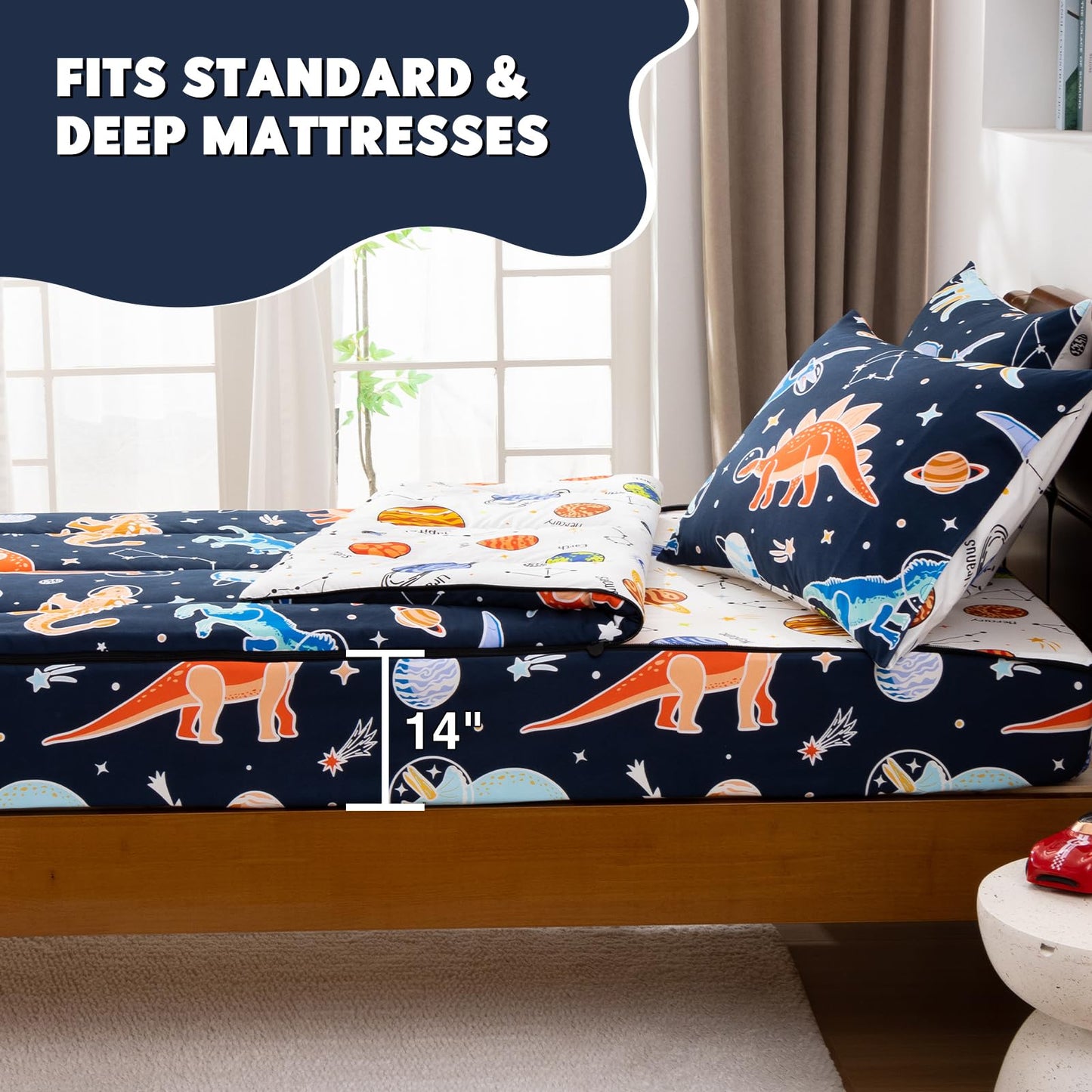 Meeting Story 3pcs Zipper Bedding Twin Kids Space Dinosaur Glow in the Dark Comforter Set for Boys(Navy,Twin)