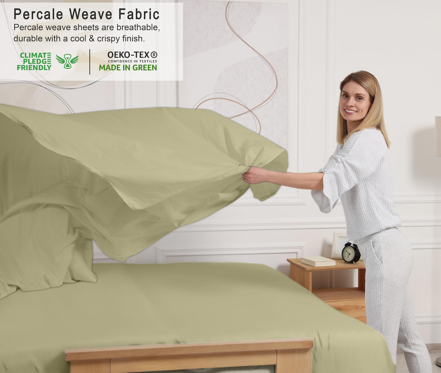RUVANTI 100% Cotton Percale Sheets Full Size, Sage Green