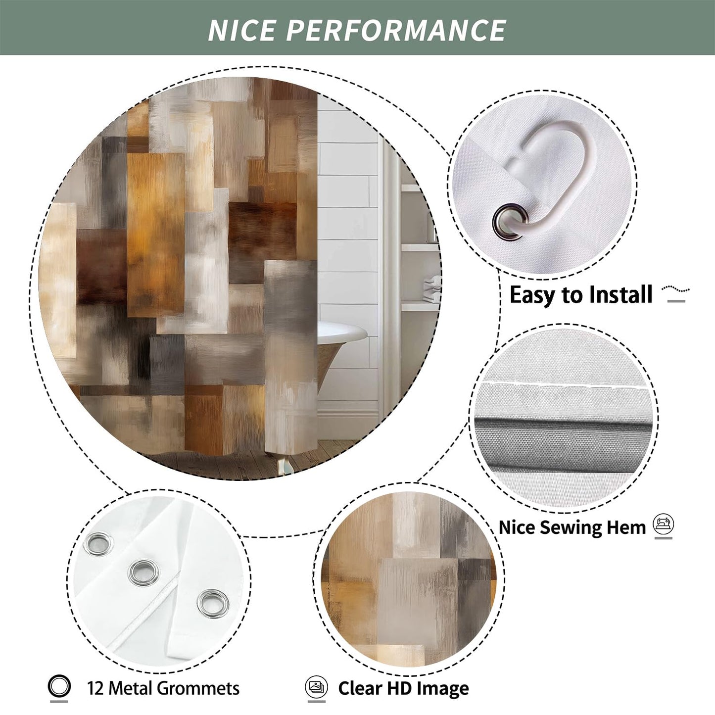 iTapnoom Abstract Brown Shower Curtain, Tan Rust Geometric Art Bathroom Decor, Modern Fabric Bath Curtain with 12 Hooks, 72 x 72 Inch