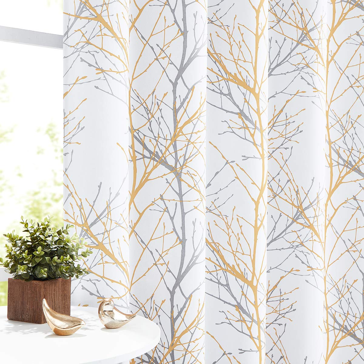 FMFUNCTEX 100% Blackout Yellow on White Tree Curtains for Bedroom, Curtains 84 Inches Long Branch Curtain Panels for Living Room, Room Darkening Thermal Insulated Window Drapes, Grommet Top 2 Panels