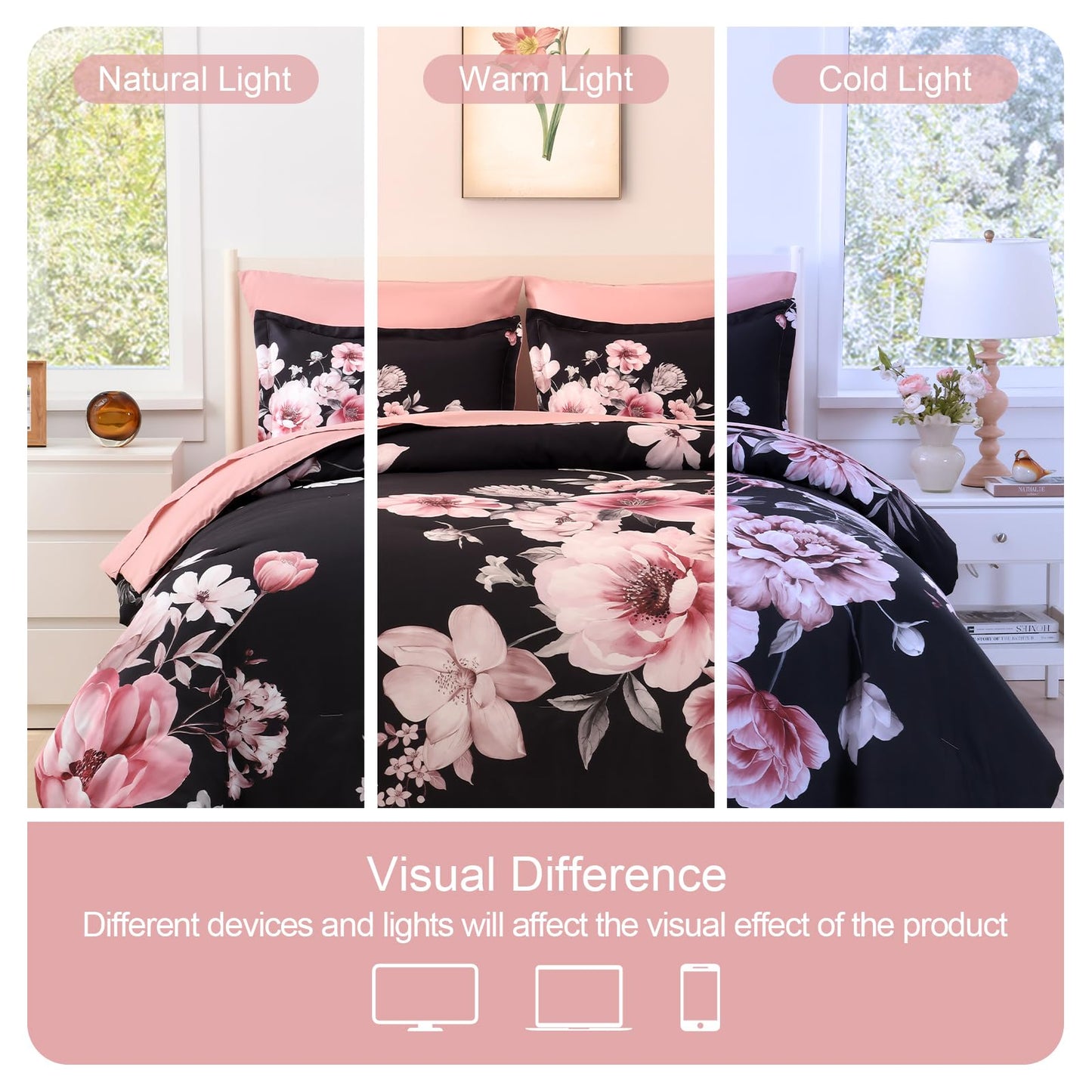 Floral Comforters Queen Size 7 Pieces Botanical Black and Pink Comforter Set Ulter Soft Microfiber Bedding Set, Lightweight Bed Comforter Set with Sheets for All Season (Black, Queen)