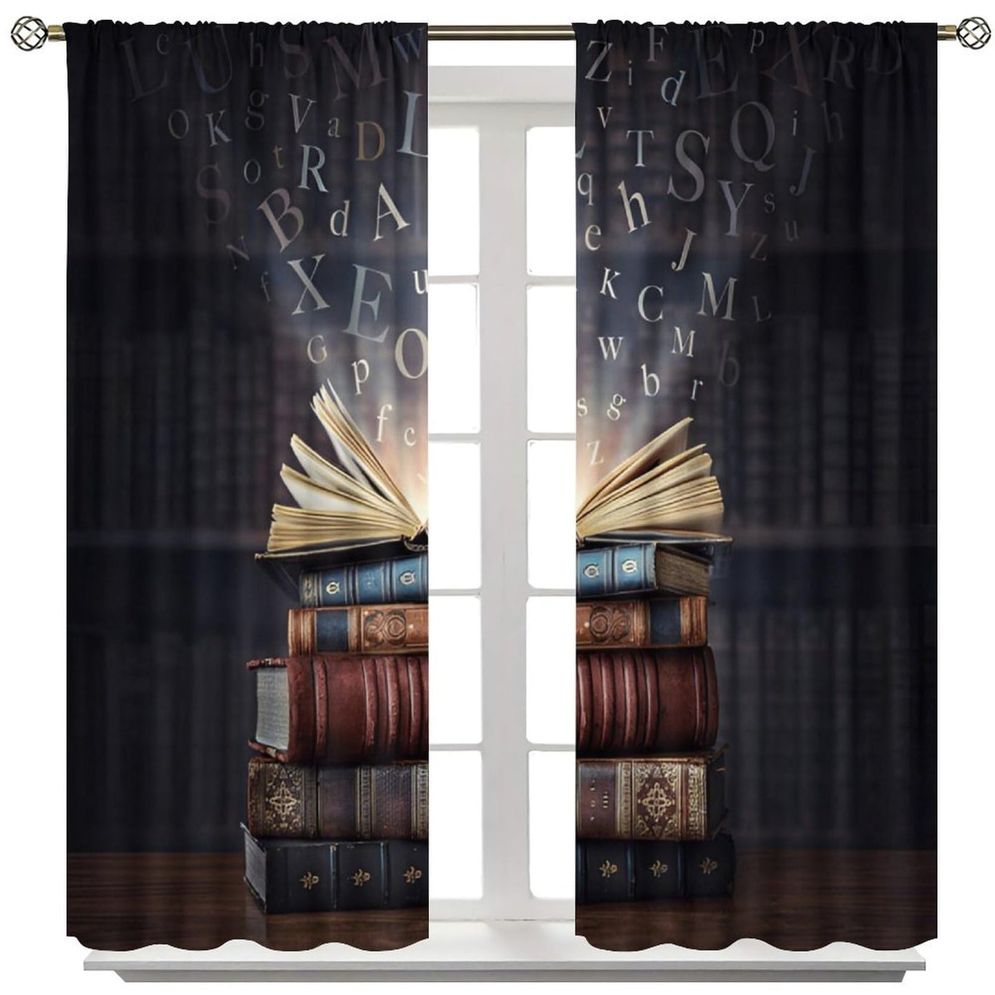 Nsbul Book Stack Curtains Mystical Alphabet Open Book Design Window Treatment Vintage Bookshelf Window Drapes for Bedroom Living Room,42" W X 45" L (No Blackout)