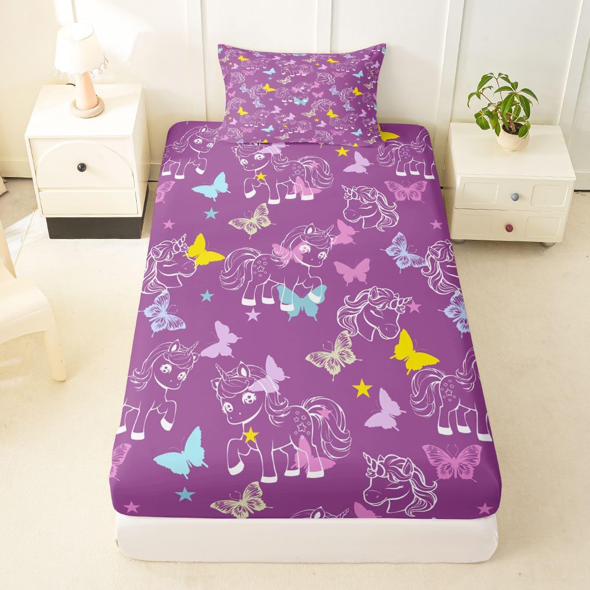 Feelyou Cute Unicorn Fitted Sheet with 1 Pillowcase Twin Size Purple Butterfly Bed Sheets Set 16" Deep Pocket Boys Girls Princess Unicorn Bedding Dreamy Horse Teens Bedroom Decor Breathable Soft