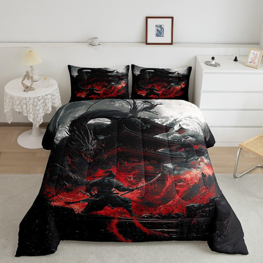 Feelyou Dragon Comforter Set King Size Japanese Style Comforter for Boys Girls Teens Samurai Bedding Set Dragon Decor Duvet Set Room Decor Black Red Quilt Set