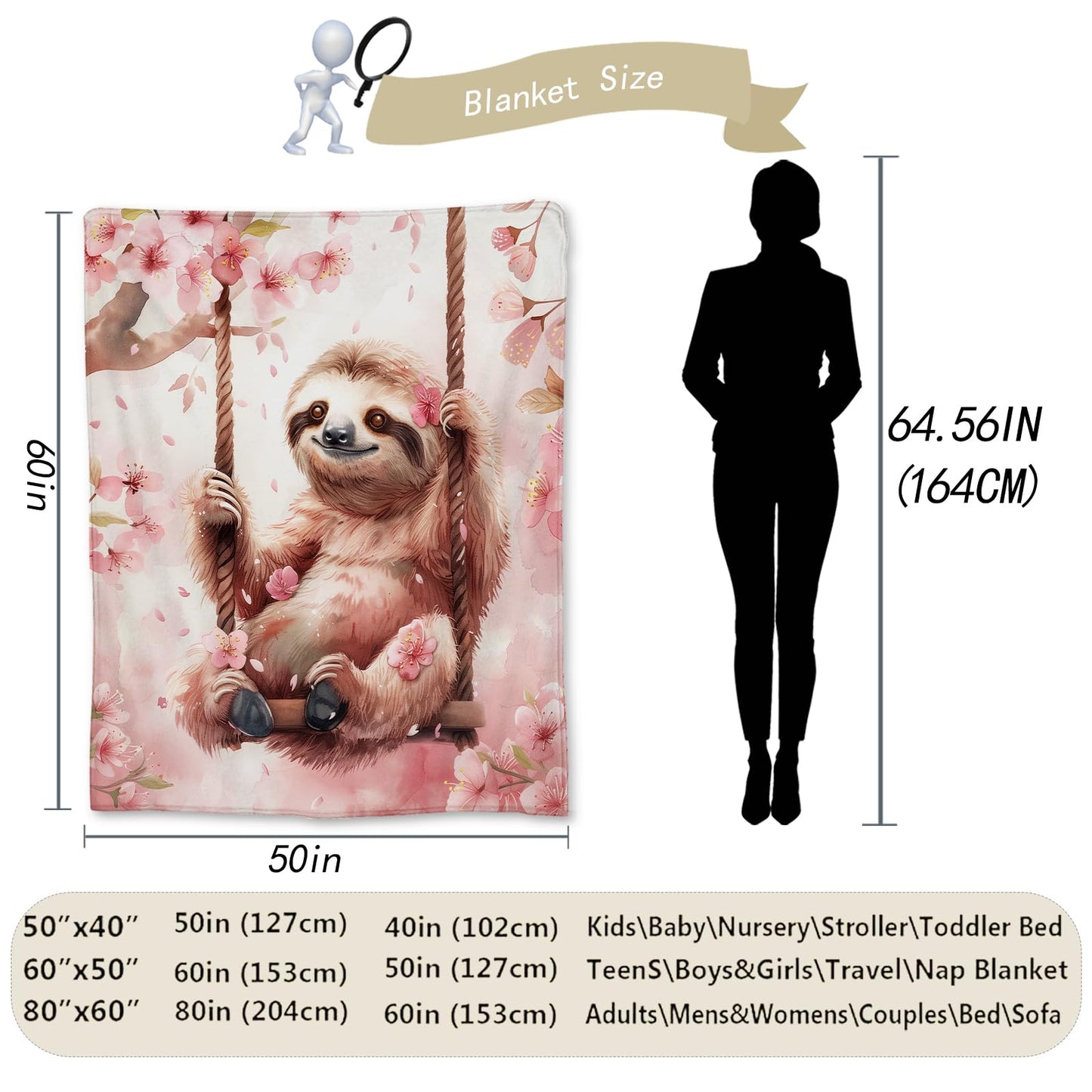 Ti Caldi Sloth on a Swing & Cherry Blossom Blanket, Soft Flannel Throw Blanket for Couch, Bed, Travel, Living Room & Home Decor, Lightweight Cozy Warm Fuzzy Blankets for Adults Women Kids 60×50 in