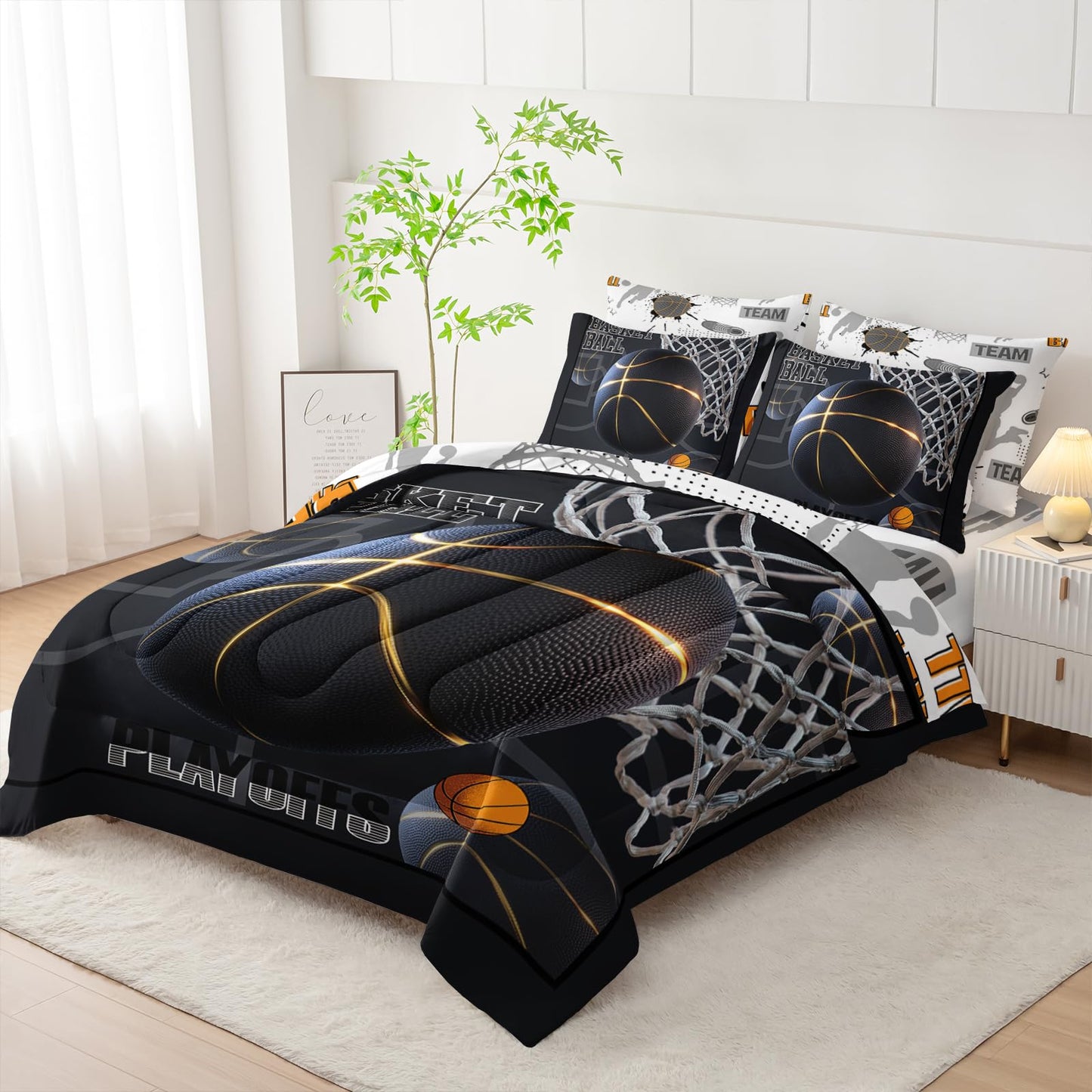 AILONEN Boys Black Basketball Comforter Set Full Size,7-Piece Soft Bed in a Bag,Sport Dunk Basketball Comforter & Fitted Sheet & Flat Sheet & 2 Pillowcases,2 Pillow Shams