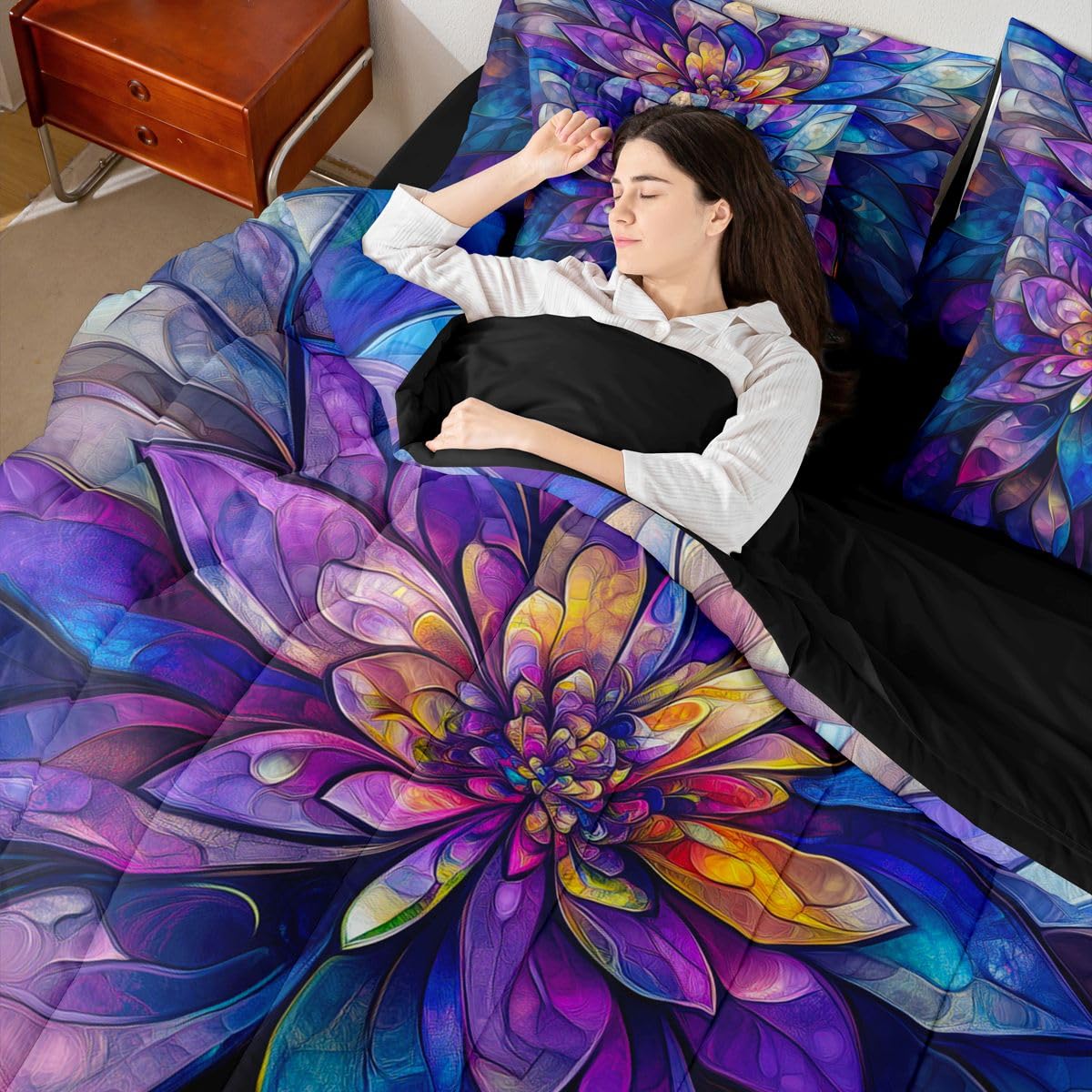 Erosebridal Lotus 7 Piece Bedding Set Twin Stained Glass Comforter Set with Sheets Flowing Light Modern Art Flowers for Kids Boys Girls Geometric Floral Purple Blue Bed in a Bag